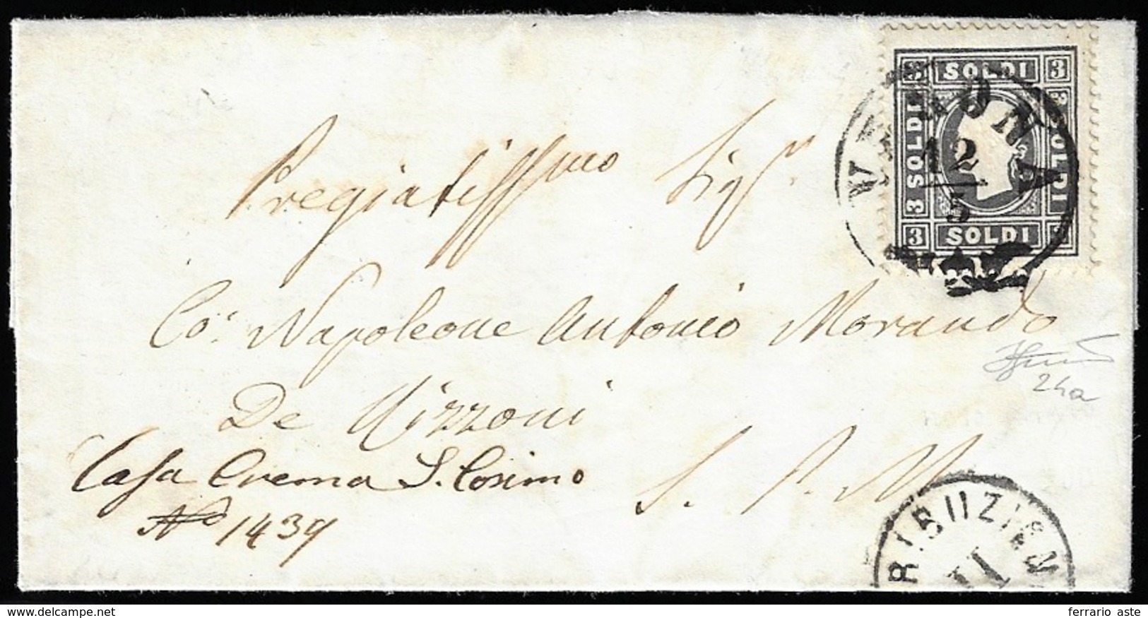 1859 - 3 Soldi Nero Grigio, I Tipo (24a), Perfetto, Isolato Su Lettera Da Verona 12/5/1859 Per Città... - Lombardije-Venetië