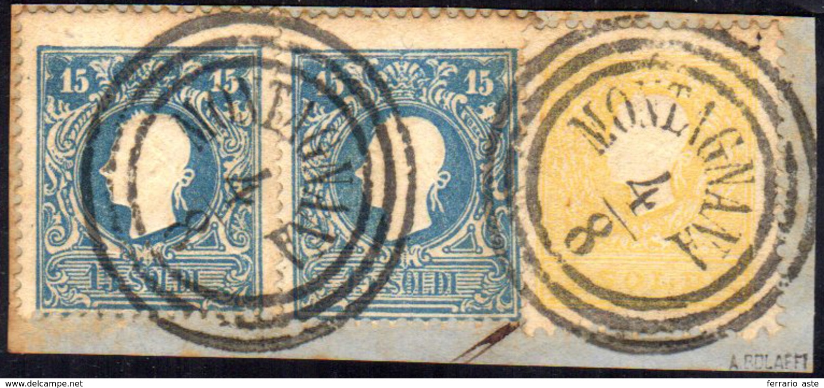 1859 - 2 Soldi Giallo, 15 Soldi Azzurro, Tutti II Tipo (28,32), Perfetti, Usati Su Piccolo Frammento... - Lombardy-Venetia