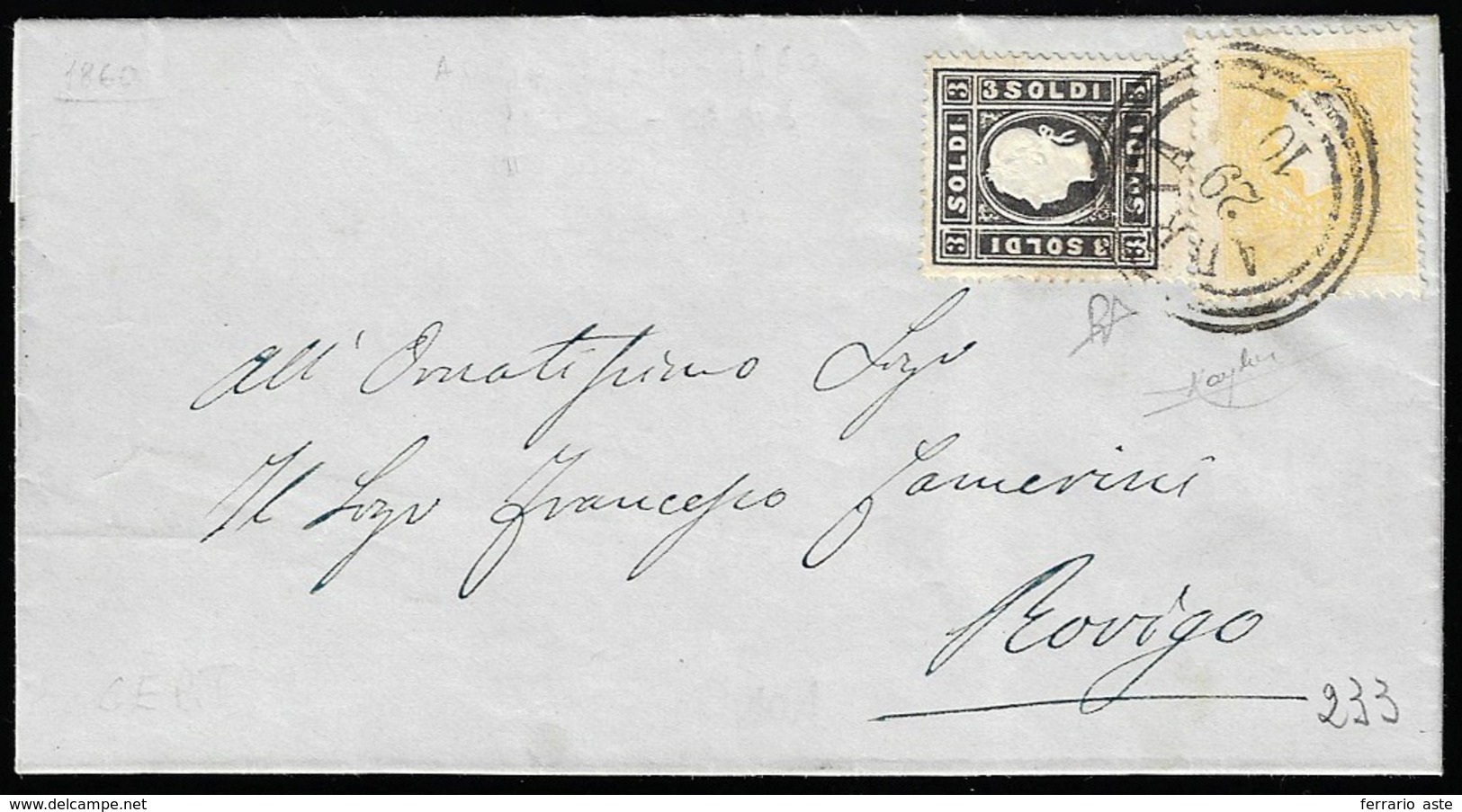 1860 - 2 Soldi Giallo, Soldi Nero, Entrambi II Tipo (28,29), Perfetti, Su Lettera Da Adria 20/10/186... - Lombardije-Venetië