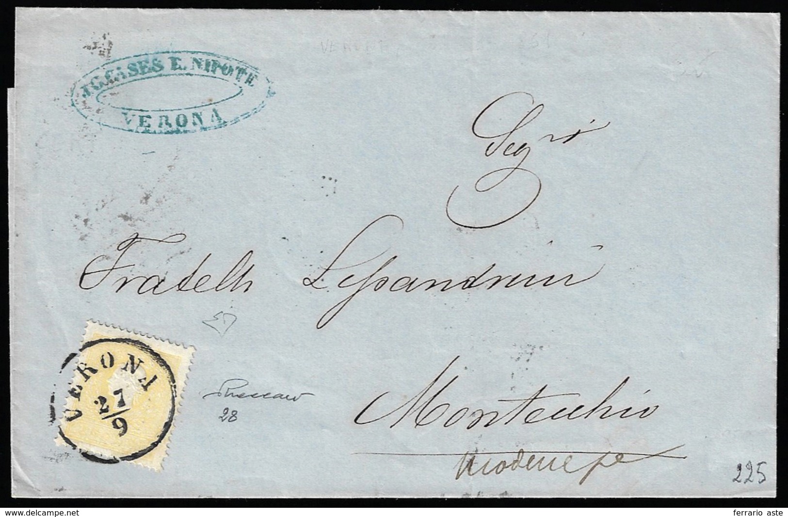 1861 - 2 Soldi Giallo, II Tipo (28), Perfetto, Isolato Su Circolare Da Verona 27/9/1861 A Montecchio... - Lombardije-Venetië