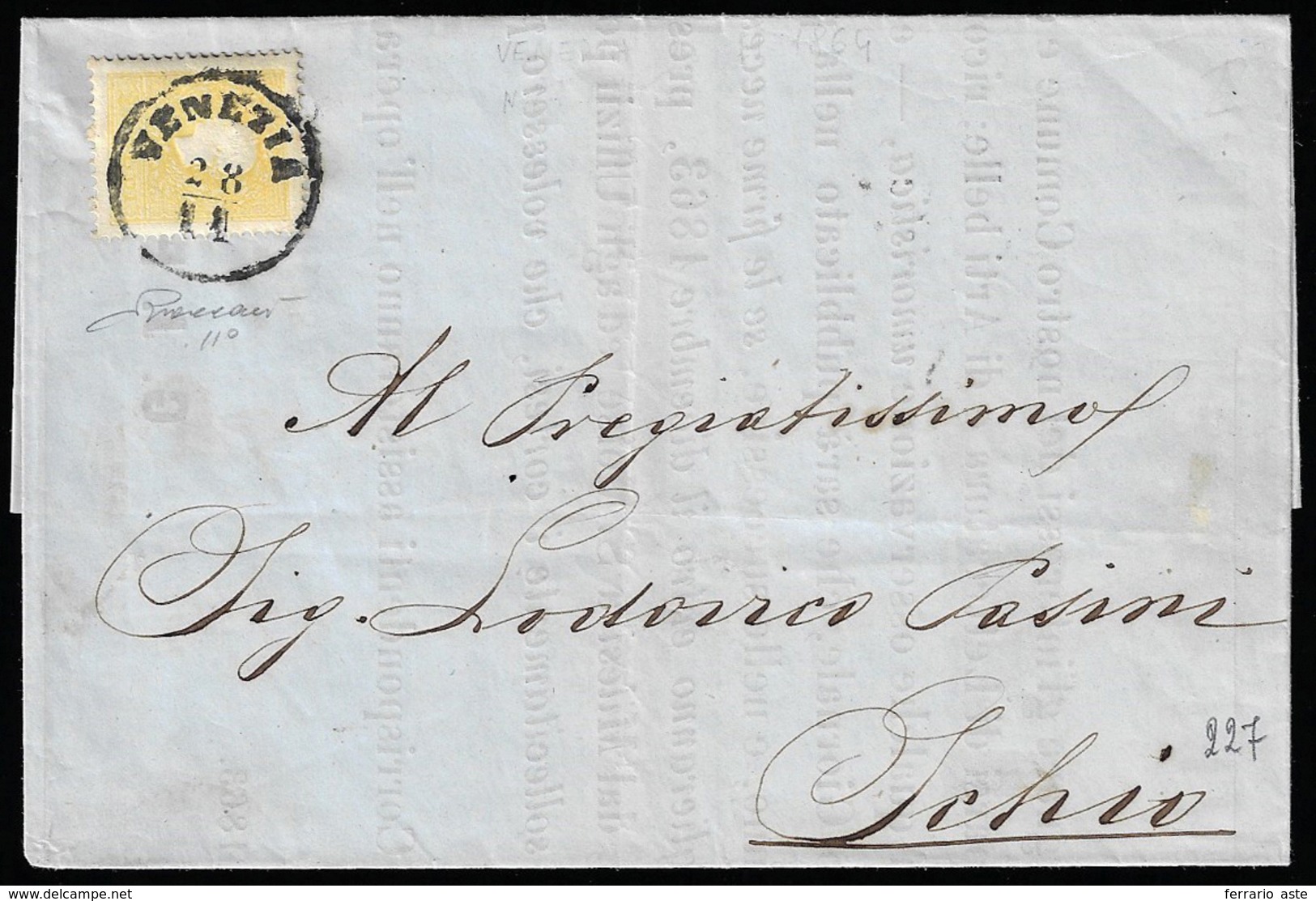 1863 - 2 Soldi Giallo, II Tipo (28), Perfetto, Isolato, Su Stampato Da Venezia 28/11/1863 Per Schio.... - Lombardy-Venetia