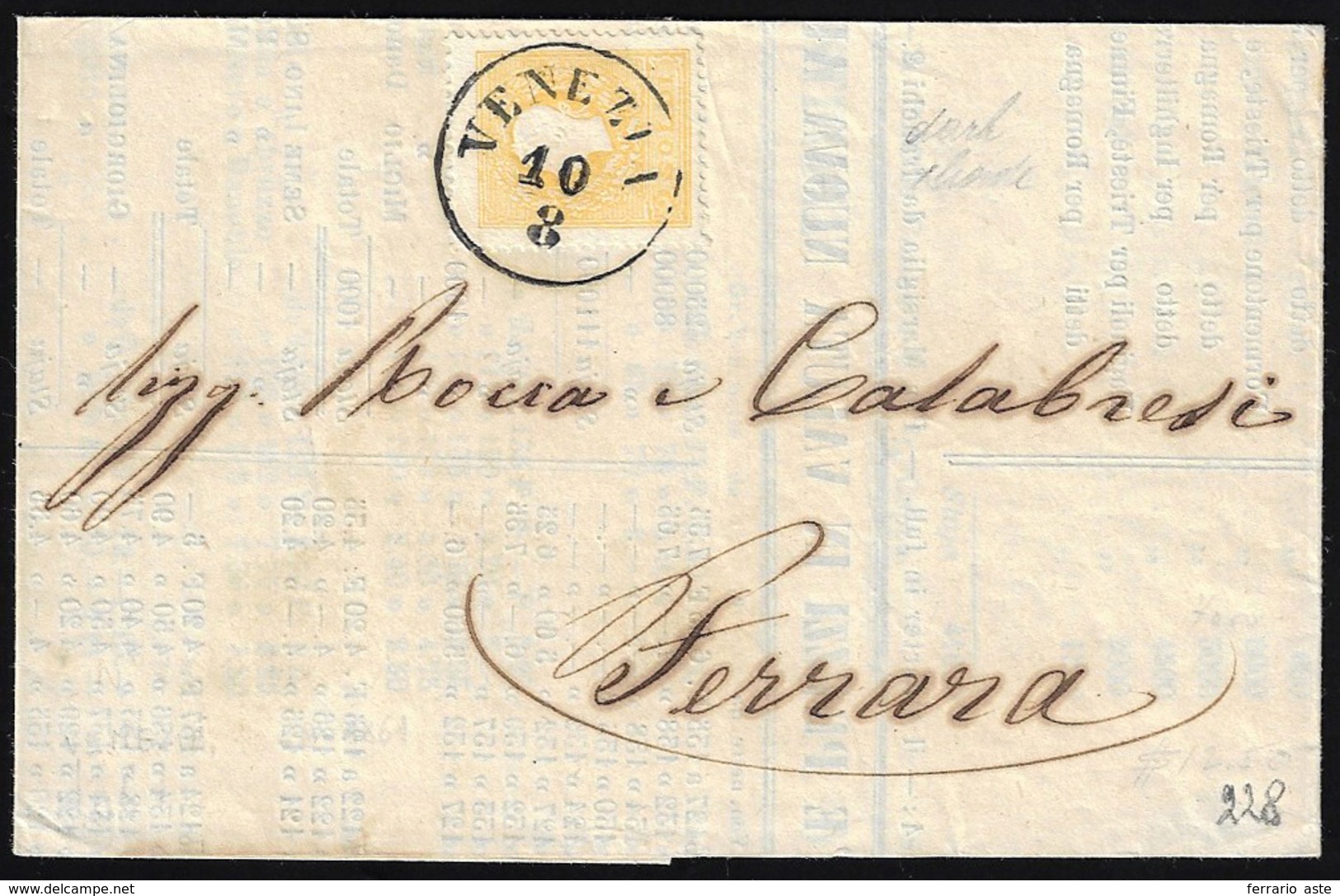 1861 - 2 Soldi Giallo Vivo, II Tipo (28a), Perfetto, Isolato Su Circolare Da Venezia 10/8/1861 A Fer... - Lombardy-Venetia