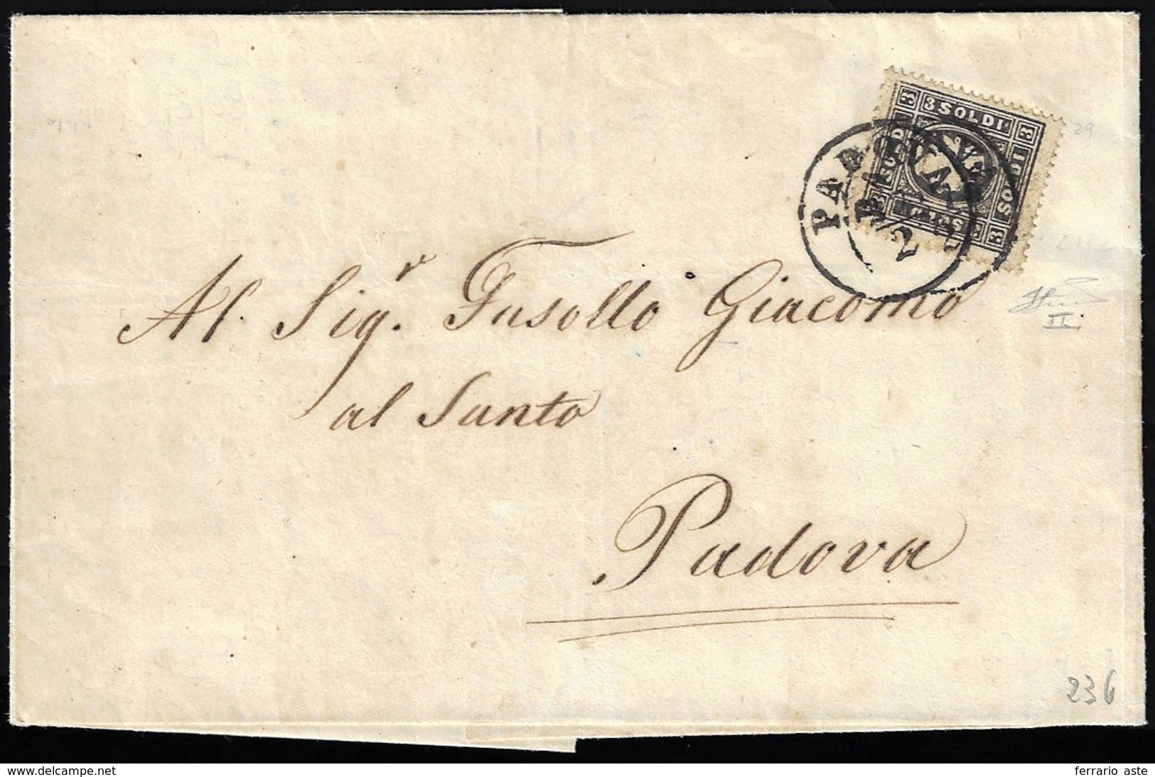 1859 - 3 Soldi Nero, II Tipo (29), Perfetto, Isolato Su Sovracoperta Di Lettera Da Padova 27/2, Dopp... - Lombardy-Venetia