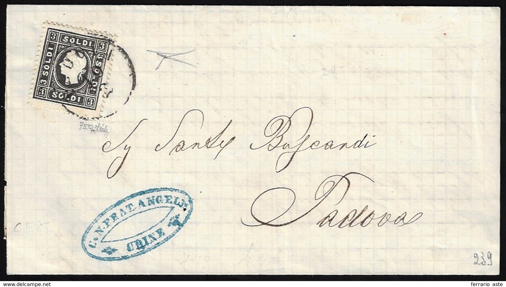 1860 - 3 Soldi Nero, II Tipo (29), Perfetto, Isolato Su Lettera Da Padova 10/2/1860, Scritta A Udine... - Lombardo-Venetien