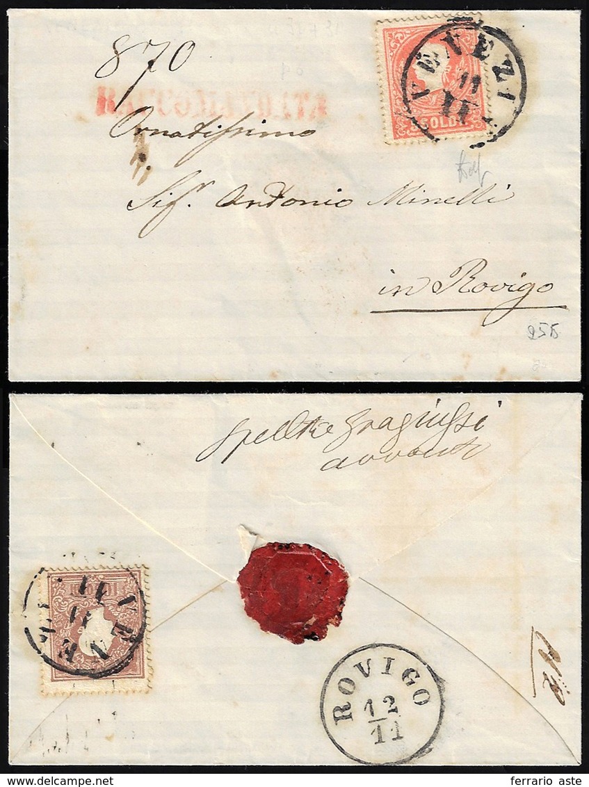 1859 - 5 Soldi Rosso E, Al Verso, 10 Soldi Bruno, Entrambi II Tipo (30,31), Perfetti, Su Busta Racco... - Lombardo-Vénétie