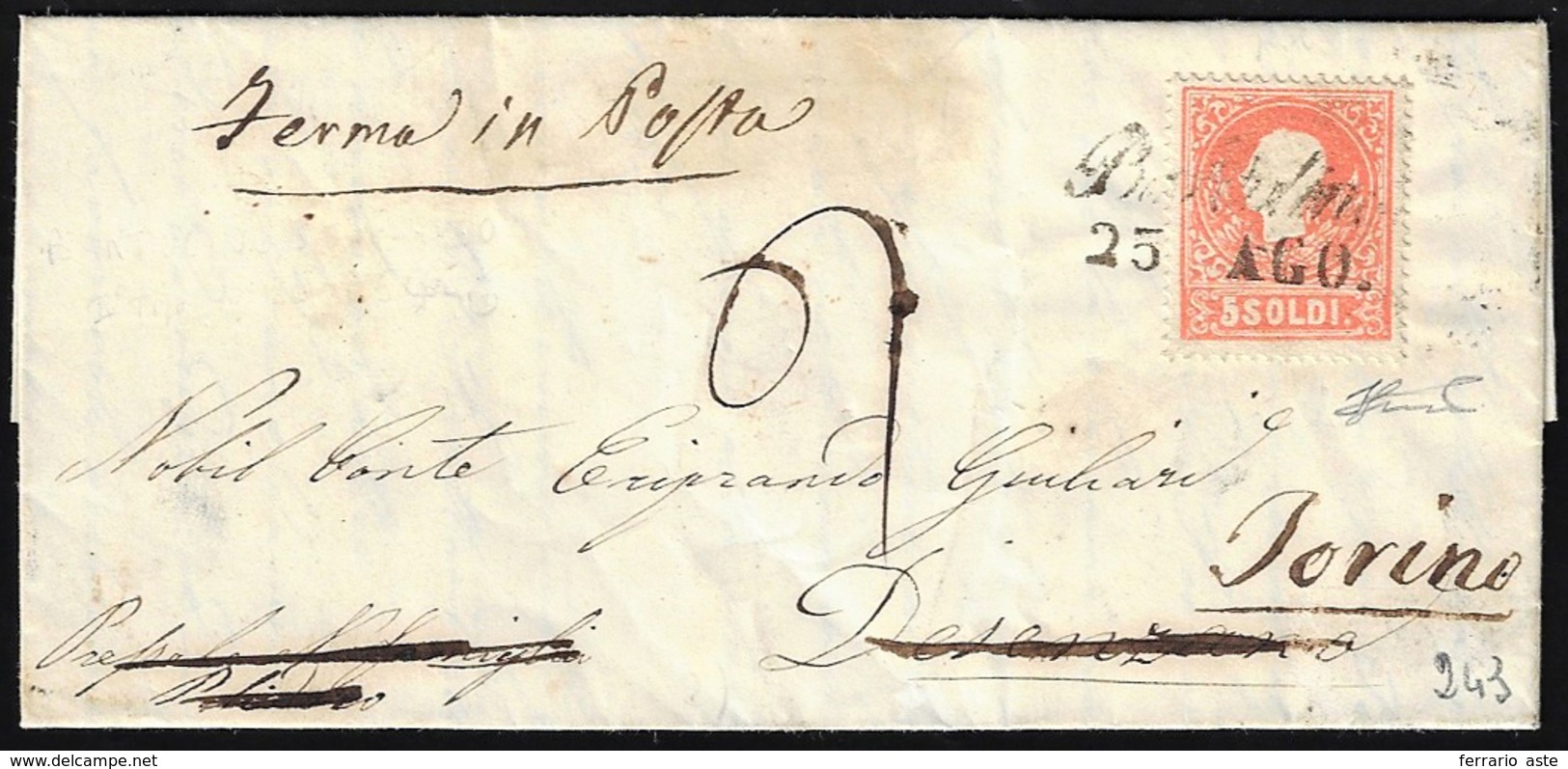 1860 - 5 Soldi Rosso, II Tipo (30), Perfetto, Su Lettera Da Bardolino 25/8/1860 (punti 5), A Desenza... - Lombardije-Venetië