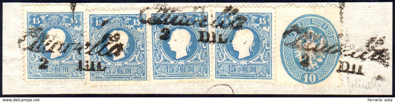 1863 - 15 Soldi Azzurro, II Tipo, Quattro Esemplari, 10 Soldi Azzurro, Dent. 14 (32,39), Perfetti, U... - Lombardo-Vénétie