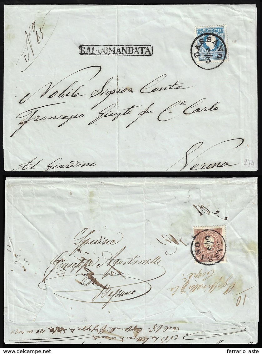 1860 - 15 Soldi Azzurro E, Al Verso, 10 Soldi Bruno, Entrambi II Tipo (31/32), Perfetti, Su Sovracop... - Lombardo-Vénétie