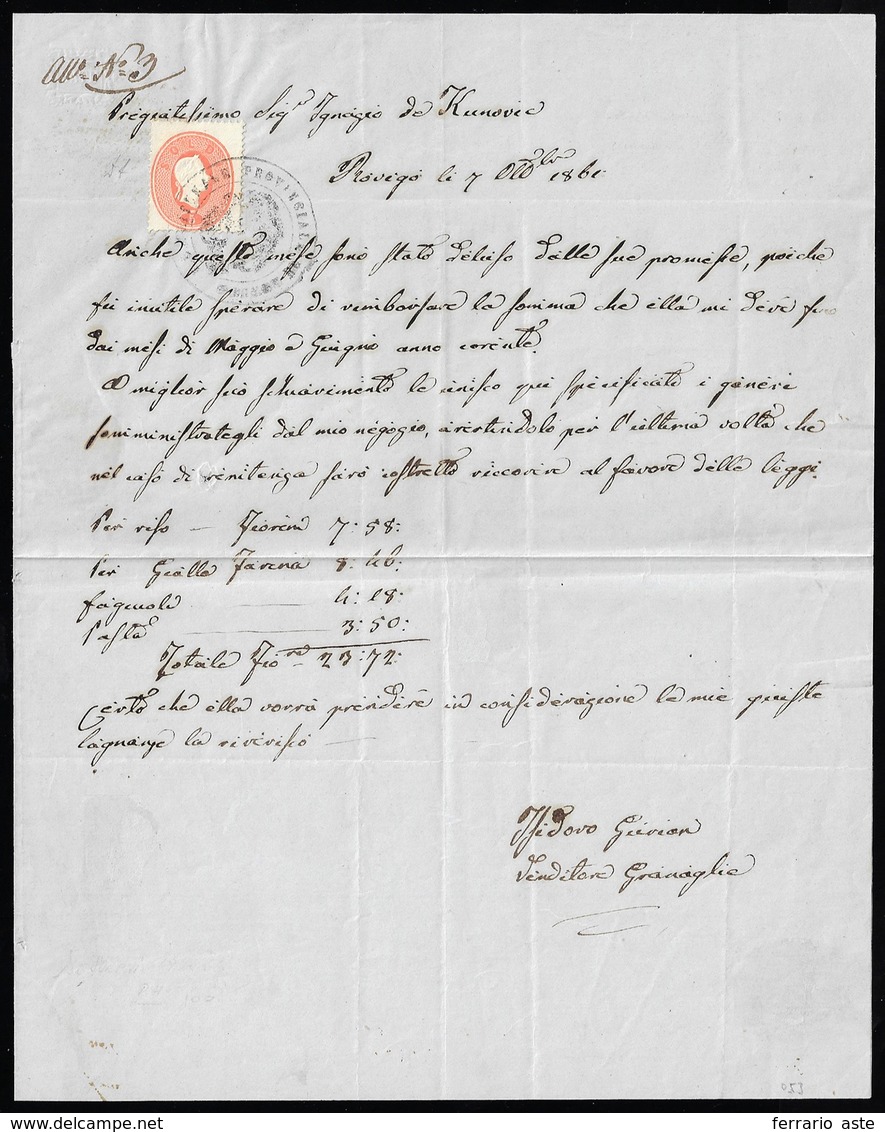 1861 - 5 Soldi Rosso (33), Perfetto, In Uso Fiscale Su Documento Datato Rovigo 7/10/1861 E Annullato... - Lombardo-Venetien