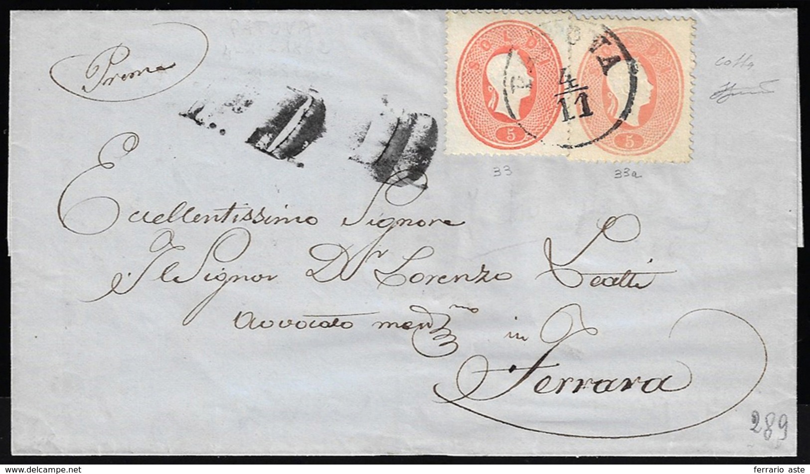 1862 - 5 Soldi Rosso, 5 Soldi Rosso Chiaro (33,33a), Perfetti, Su Sovracoperta Di Lettera Da Padova ... - Lombardije-Venetië
