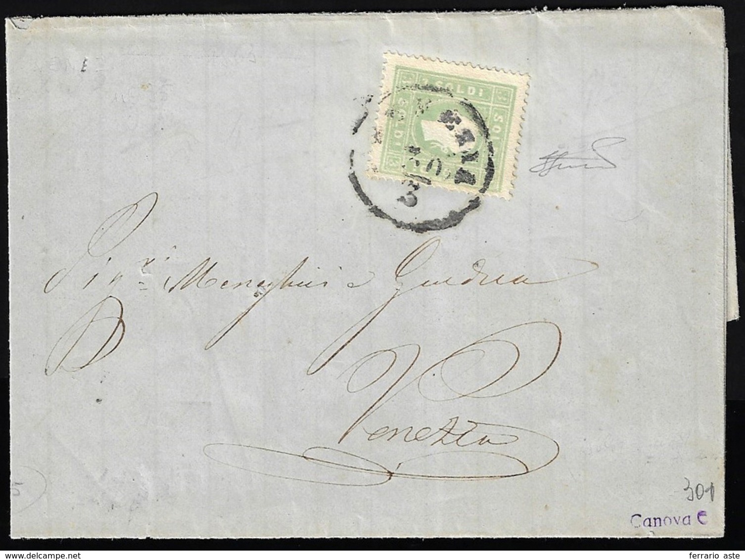 1863 - 3 Soldi Verde Giallo (35), Perfetto, Isolato Su Lettera Da Venezia 30/3/1863 Per Città. Ferra... - Lombardy-Venetia