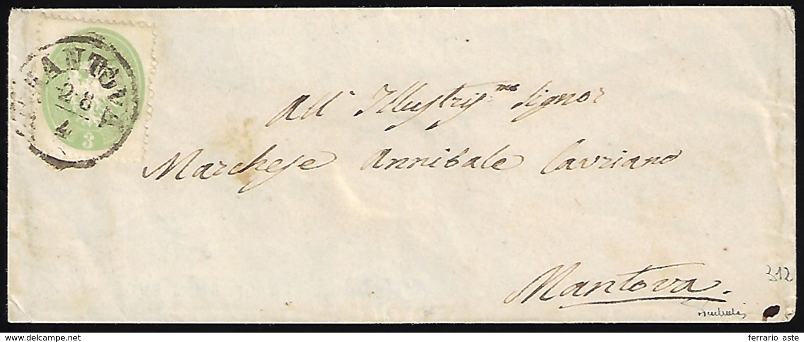 1863 - 3 Soldi Verde, Dent. 14 (37), Perfetto, Isolato Su Busta Da Mantova 28/4 Per Città. Cert. Fer... - Lombardije-Venetië