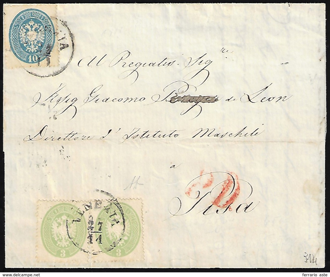 1863 - 3 Soldi Verde, Due Esemplari, 10 Soldi Azzurro, Tutti Dent. 14 (37,39), Ottimo Stato, Su Lett... - Lombardo-Vénétie