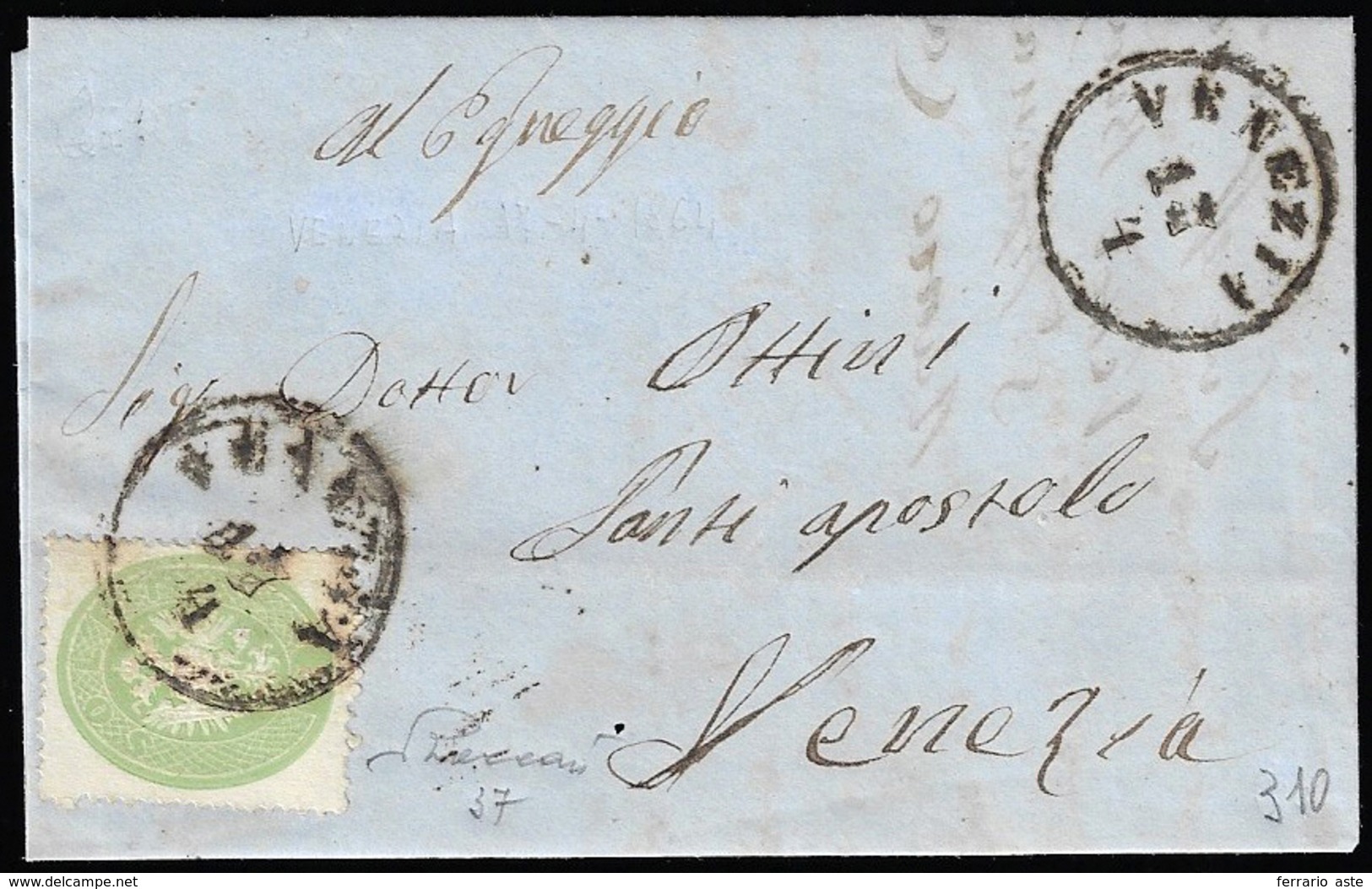 1864 - 3 Soldi Verde, Dent. 14 (37), Perfetto, Isolato Su Lettera Da Venezia 17/4/1864 Per Ciità. Ce... - Lombardije-Venetië