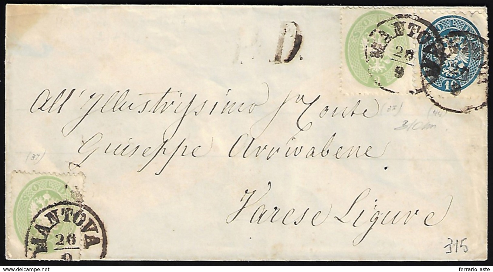 1864 - 3 Soldi Verde, Dent. 14, Due Esemplari, 10 Soldi Azzurro, Dent. 9 1/2 (37,44), Ottimo Stato, ... - Lombardo-Vénétie