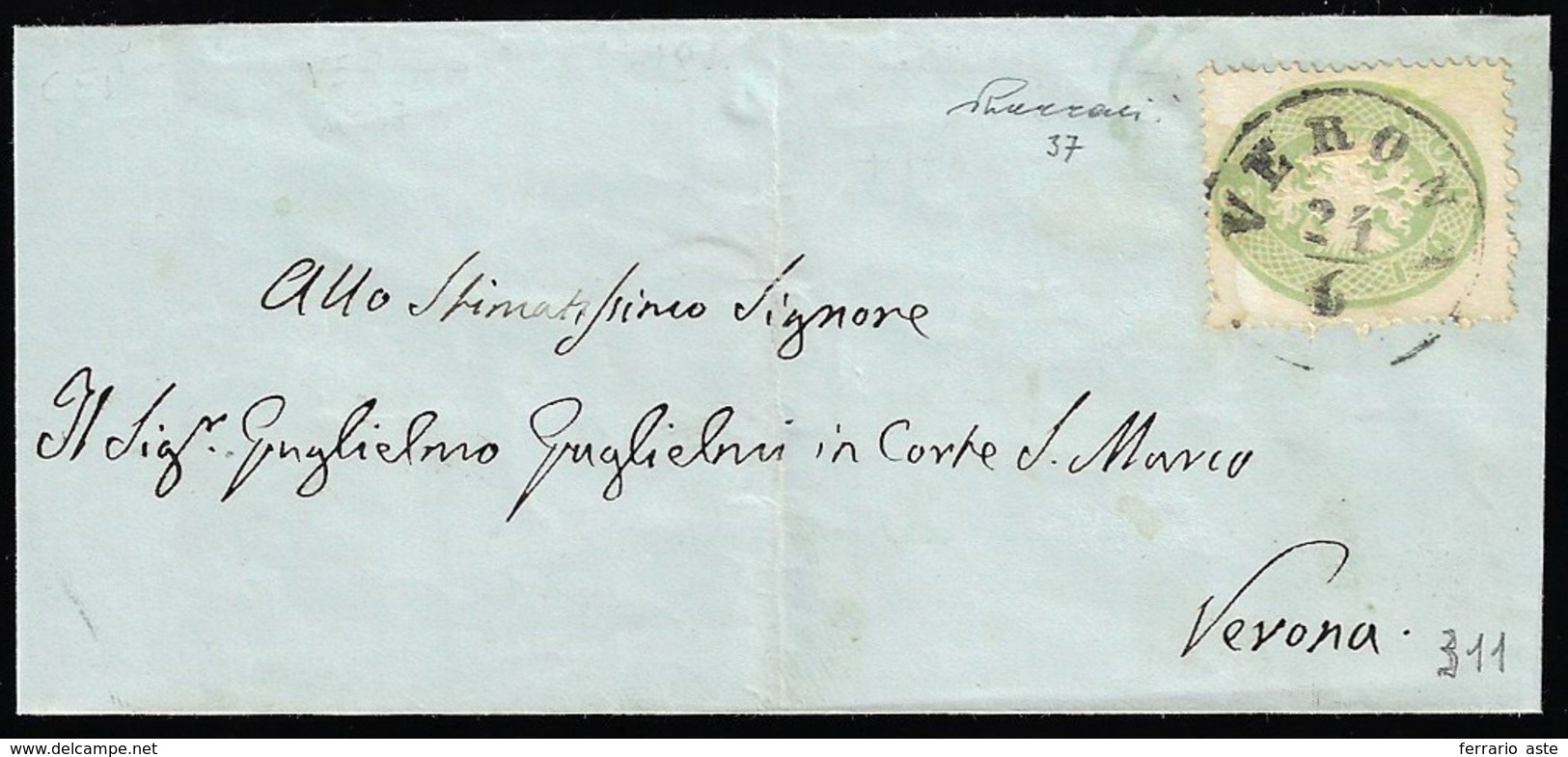 1863 - 3 Soldi Verde Giallastro, Dent. 14 (37a), Perfetto, Isolato Su Sovracoperta Di Lettera Da Ver... - Lombardo-Venetien