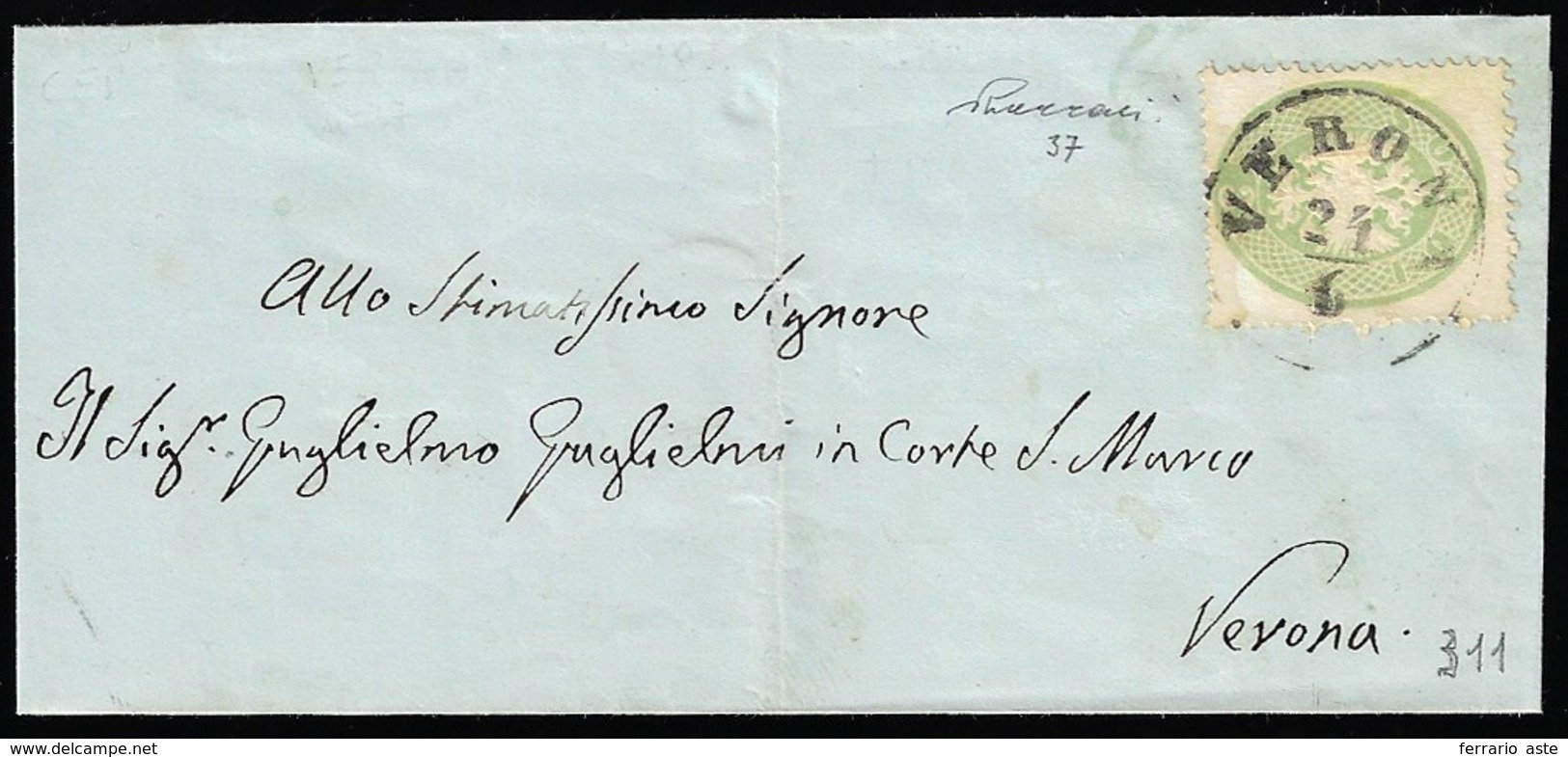 1863 - 3 Soldi Verde Giallastro, Dent. 14 (37a), Perfetto, Isolato Su Sovracoperta Di Lettera Da Ver... - Lombardije-Venetië