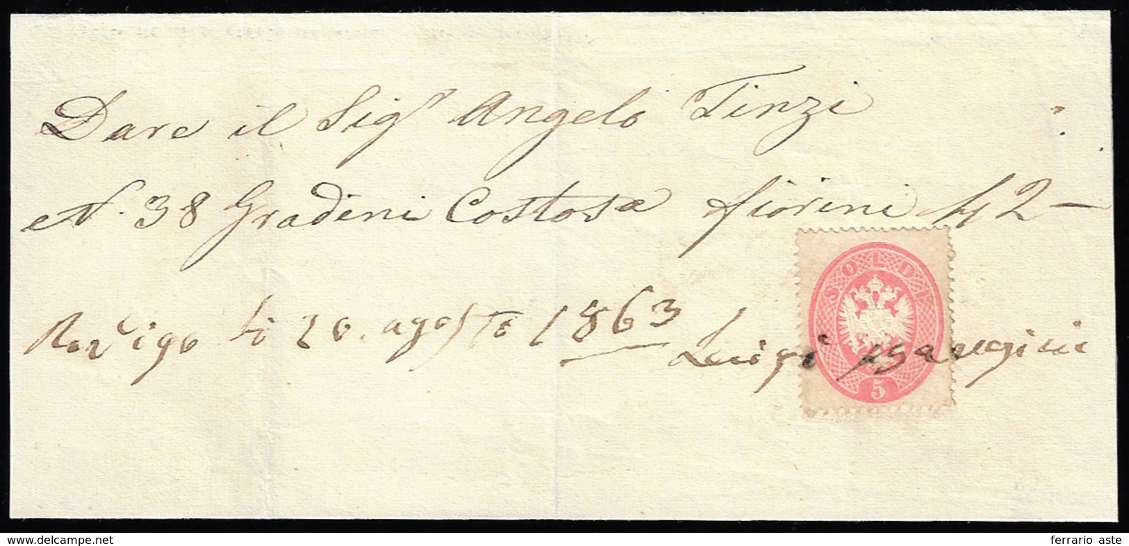 1863 - 5 Soldi Rosa, Dent. 14 (38), Perfetto, In Uso Fiscale Su Mandato Di Pagamento Datato Rovigo 2... - Lombardo-Vénétie