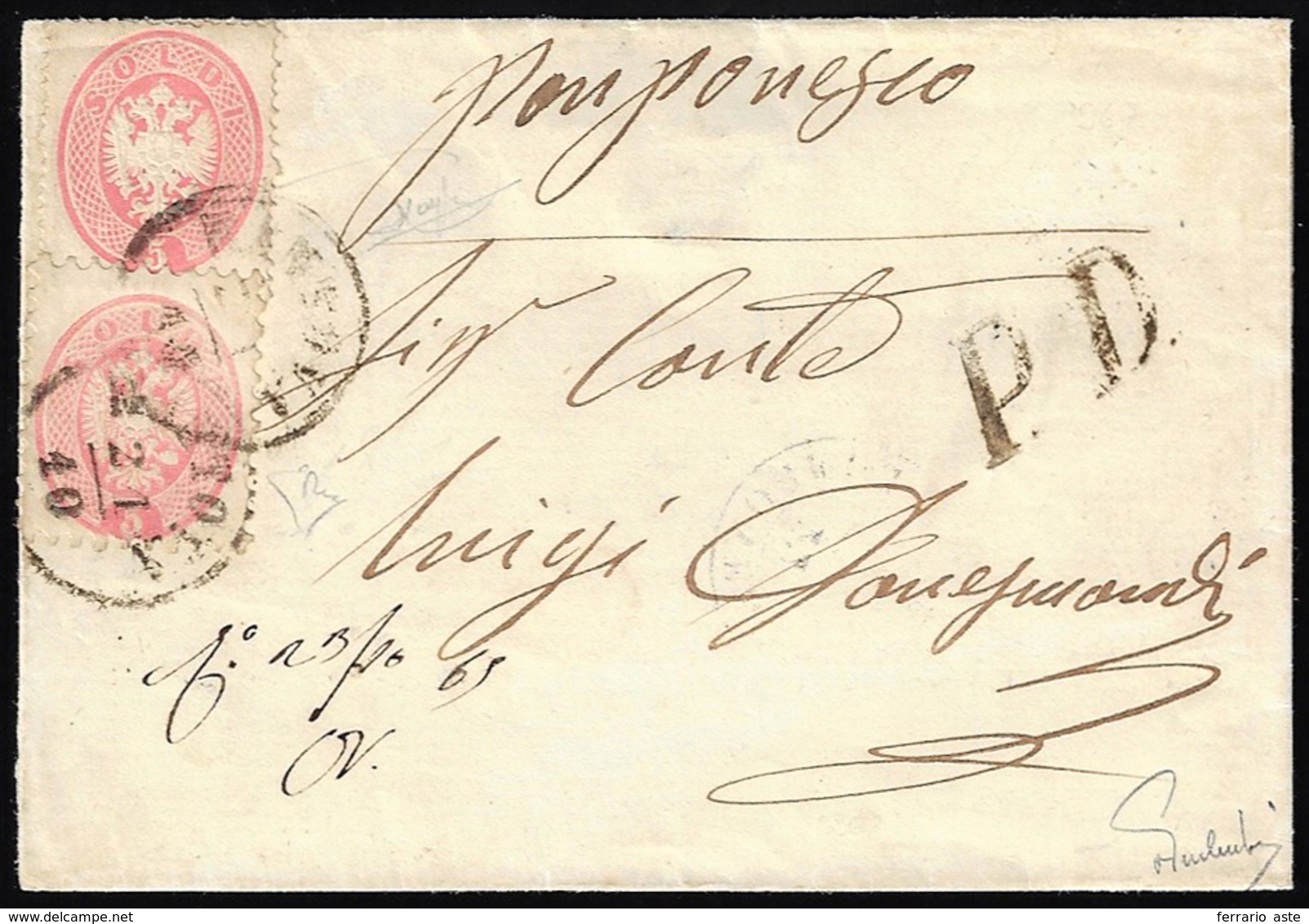 1865 - 5 Soldi Rosa, Dent. 14, 5 Soldi Rosa, Dent. 9 1/2 (38,43), Perfetti, Su Sovracoperta Di Lette... - Lombardo-Vénétie