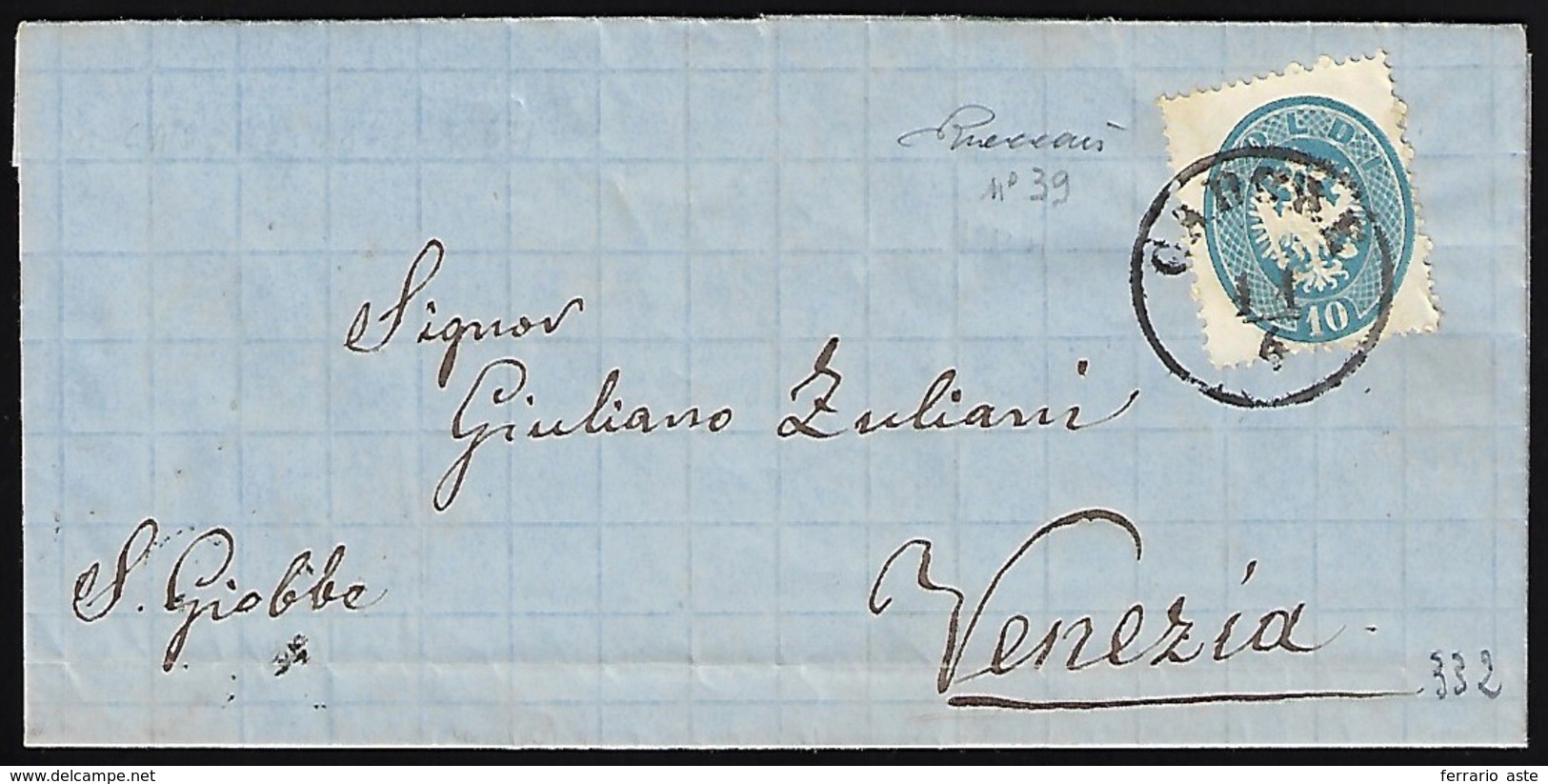 1864 - 10 Soldi Azzurro, Dent. 14 (39), Perfetto, Isolato Su Lettera Da Cadore 11/4/1864 A Venezia. ... - Lombardy-Venetia