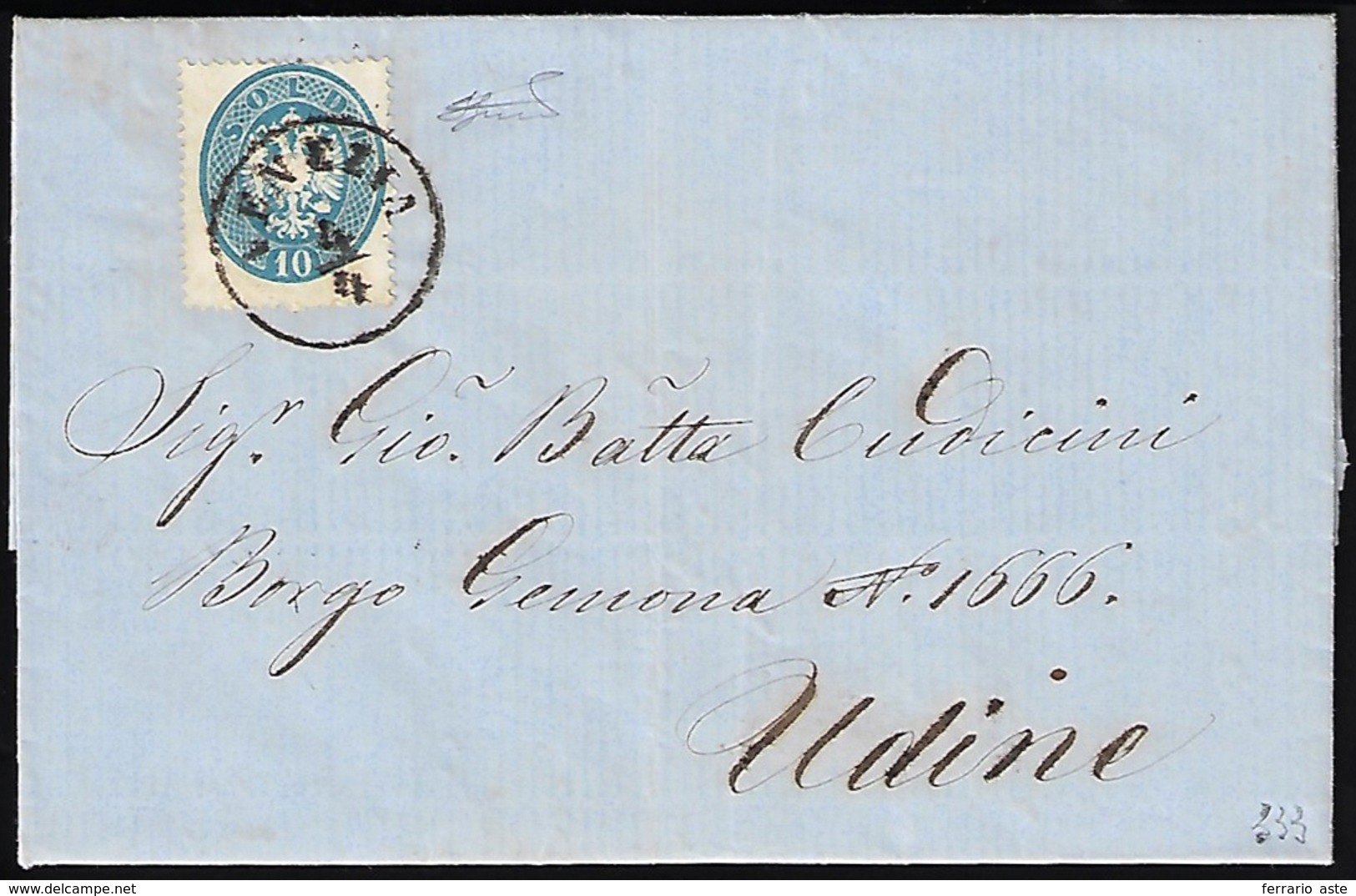 1864 - 10 Soldi Azzurro, Dent. 14 (39), Perfetto, Isolato Su Lettera Da Venezia 4/4/1864 A Udine. Fe... - Lombardy-Venetia