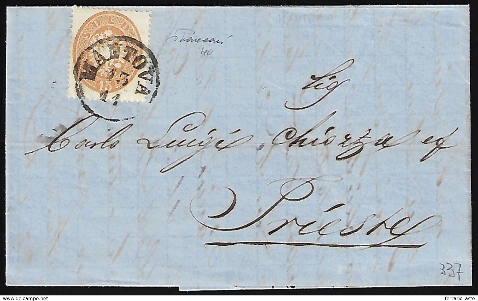 1864 - 15 Soldi Bruno, Dent. 14 (40), Perfetto, Su Lettera Da Mantova 13/11/1864 A Trieste. Cert. Va... - Lombardy-Venetia