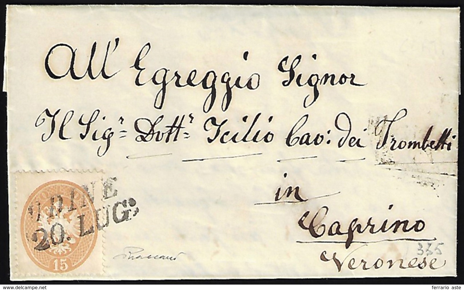 1864 - 15 Soldi Bruno, Dent. 14 (40), Perfetto, Su Lettera Da Udine 20/7/1864 A Caprino Veronese. Ce... - Lombardy-Venetia