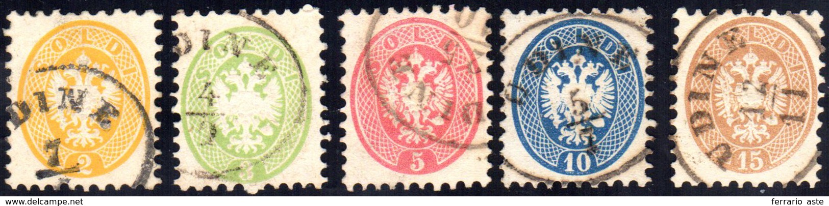 1864/65 - V Emissione, Dent. 9 1/2 (41/45), Perfetti, Tutti Usati Ad Udine. Cert. Vaccari E Raybaudi... - Lombardo-Venetien