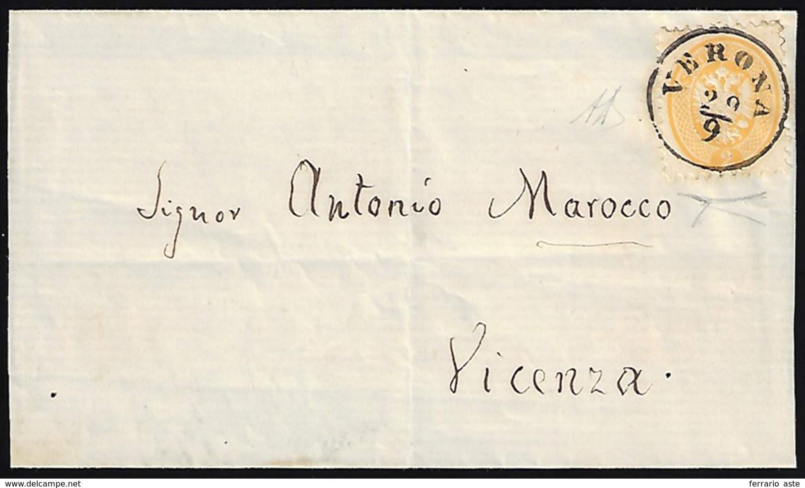 1865 - 2 Soldi Giallo, Dent. 9 1/2 (41) Perfetto, Isolato Su Sovracoperta Di Circolare Da Verona 29/... - Lombardy-Venetia