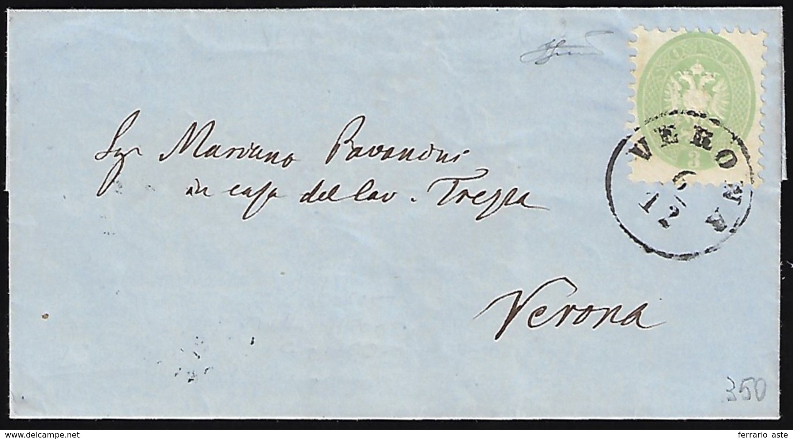 1865 - 3 Soldi Verde, Dent. 9 1/2 (42), Perfetto, Isolato Su Lettera Da Verona 6/12/1865 Per Città. ... - Lombardy-Venetia