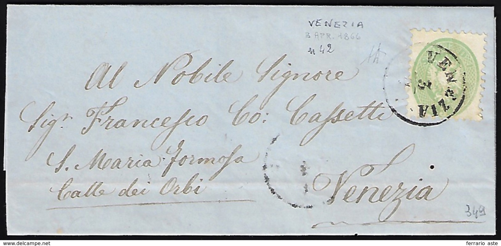 1866 - 3 Soldi Verde, Dent. 9 1/2 (42), Perfetto, Isolato Su Lettera Da Venezia 3/4/1866 Per Città. ... - Lombardy-Venetia