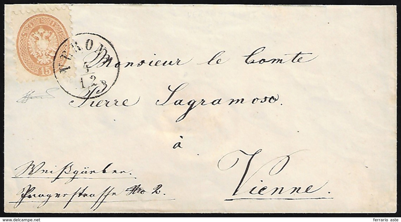 1864 - 15 Soldi Bruno, Dent. 9 1/2 (45), Perfetto, Su Busta Da Verona 4/12 A Vienna. Bella. Ferrario... - Lombardo-Vénétie