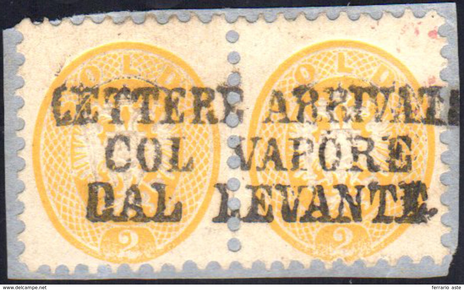 1864 - 2 Soldi Giallo, Dent. 9 1/2 (41), Coppia Perfetta, Usata Su Frammento Con Bollo "Lettere Arri... - Lombardo-Vénétie