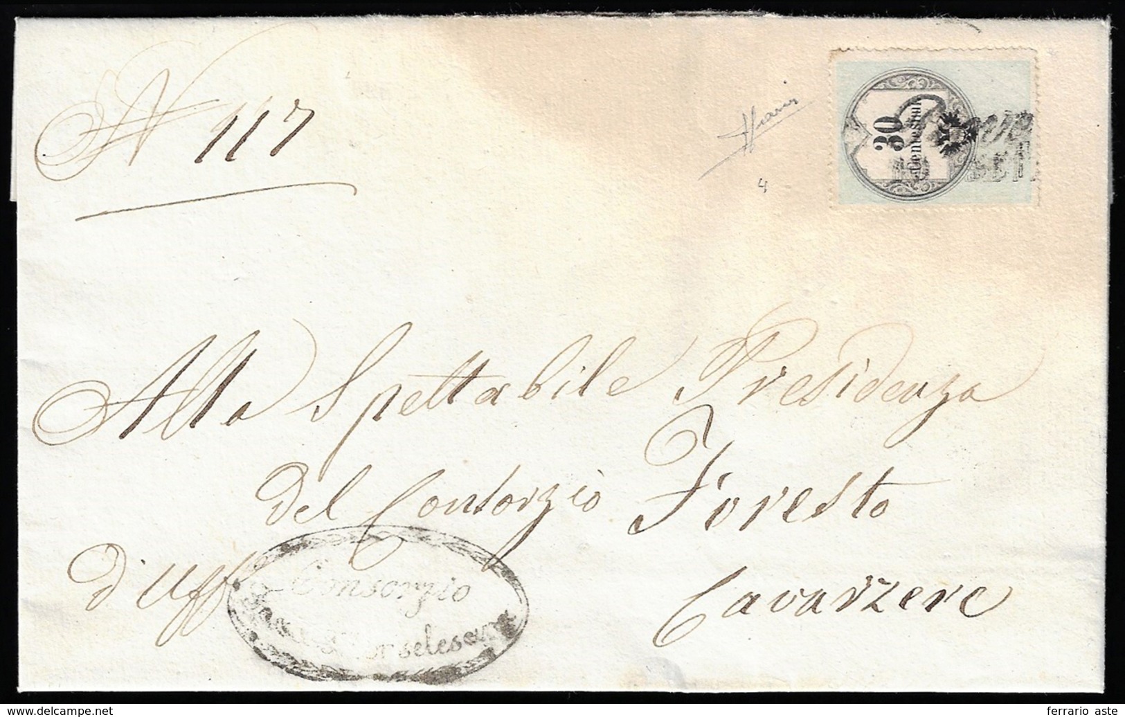 1855 - 30 Cent. Marca Da Bollo Tipografica (4), Perfetta, Su Lettera Da Piave 10/9/1855 (punti 6) A ... - Lombardo-Vénétie