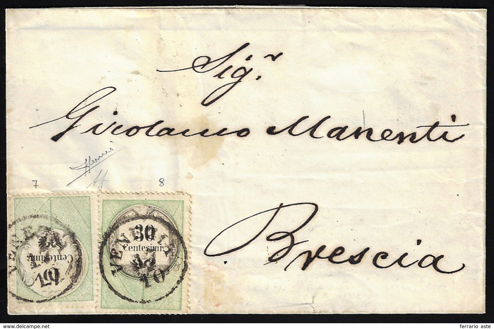 1856 - 15 Cent. E 30 Cent. Marche Da Bollo Calcografiche (7/8), Perfette, Su Sovracoperta Di Lettera... - Lombardy-Venetia