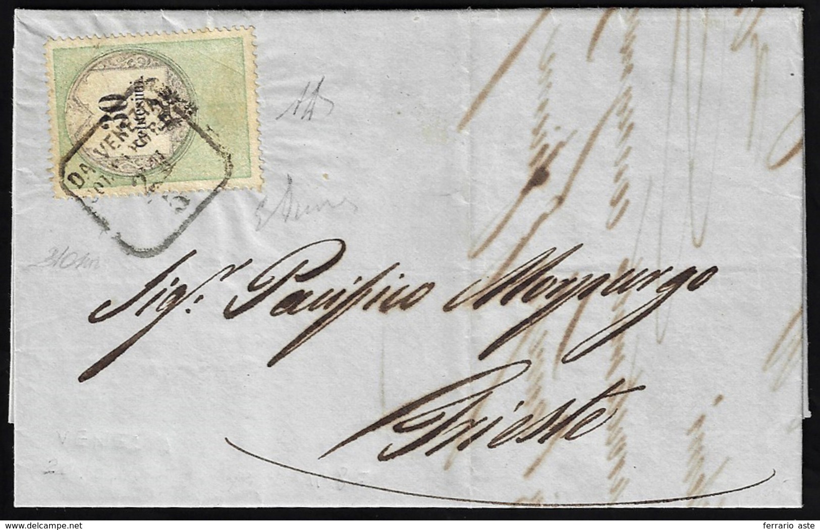 1856 - 30 Cent. Marca Da Bollo Calcografica (8), Perfetta, Su Lettera Da Venezia 20/5/1856 A Trieste... - Lombardo-Venetien