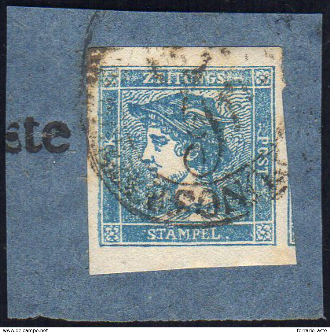 1855 - 3 Cent. Mercurio Azzurro, III Tipo (3), Usato Su Piccolo Frammento, Perfetto E Ben Marginato.... - Lombardo-Vénétie