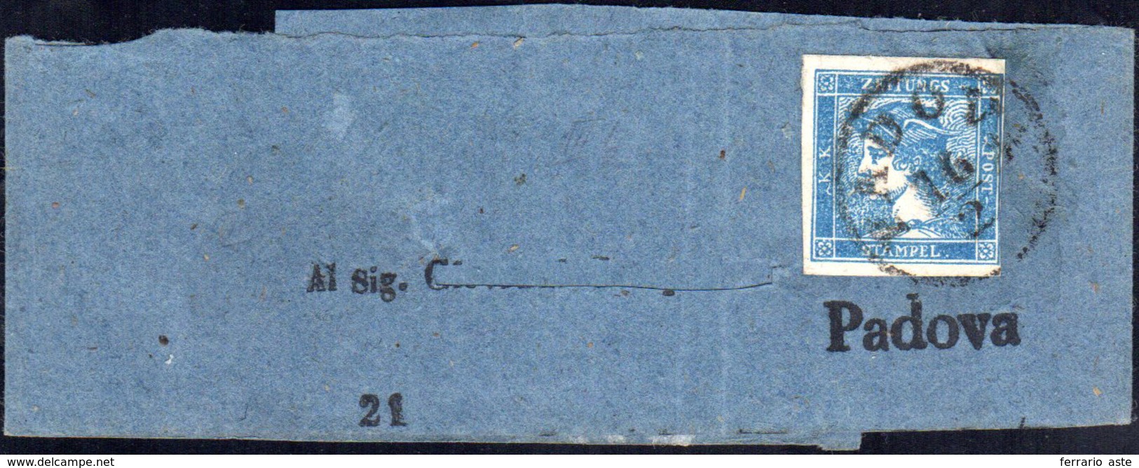 1851 - 3 Cent. Mercurio Azzurro, III Tipo (3), Giusto A Sinistra, Usato Su Fascetta In Arrivo A Pado... - Lombardo-Vénétie