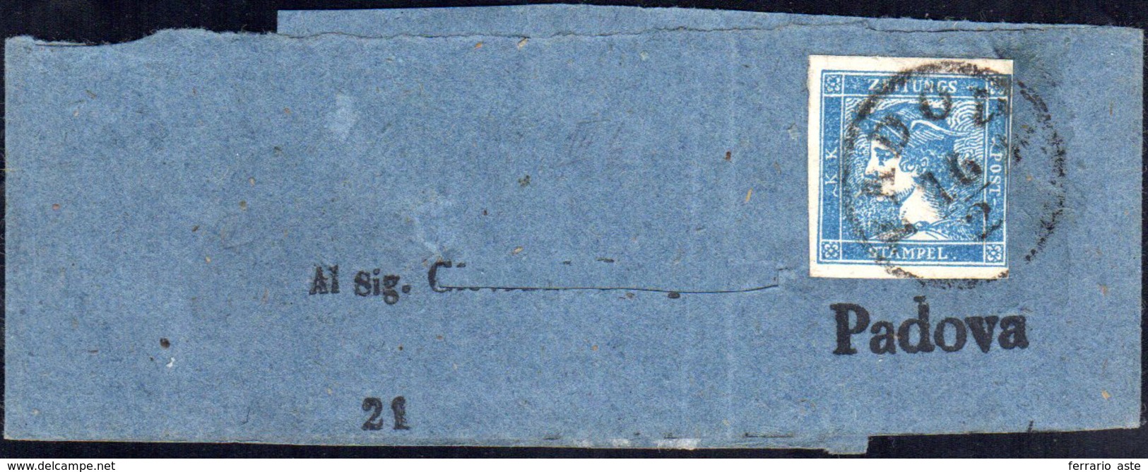 1851 - 3 Cent. Mercurio Azzurro, III Tipo (3), Giusto A Sinistra, Usato Su Fascetta In Arrivo A Pado... - Lombardy-Venetia