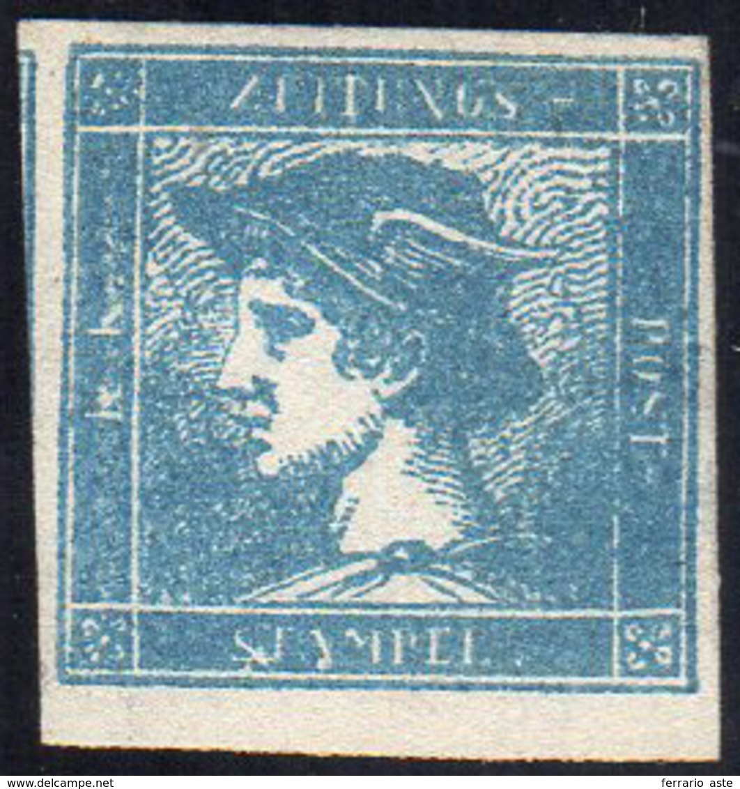 1851 - 3 Cent. Mercurio Azzurro Grigio, I Tipo, Carta A Coste Verticali (6), Nuovo Senza Gomma, Perf... - Lombardo-Venetien