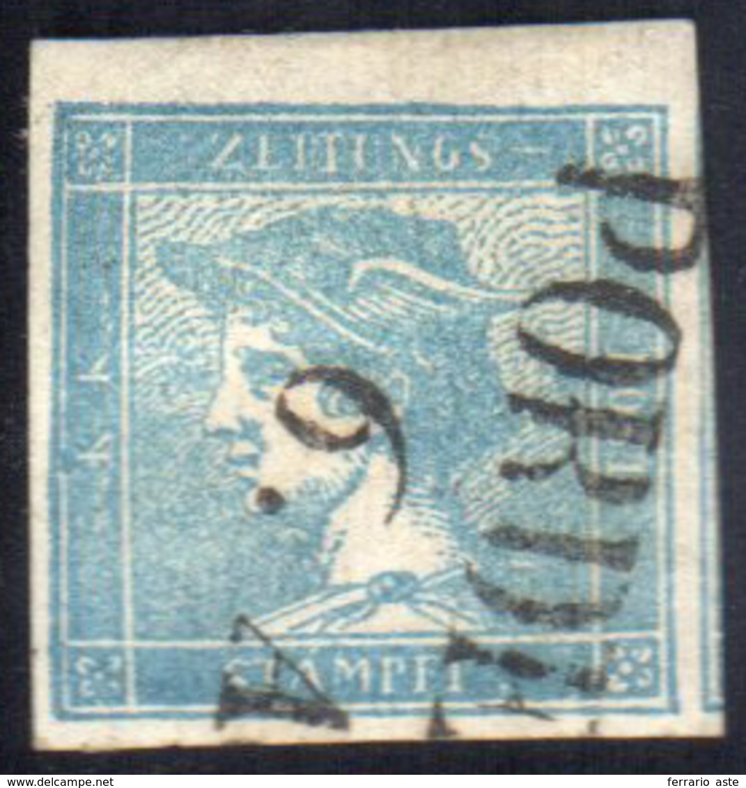 1851 - 3 Cent. Mercurio Azzurro Grigio, I Tipo, Carta A Coste Verticali (6), Perfetto, Usato A Porde... - Lombardy-Venetia