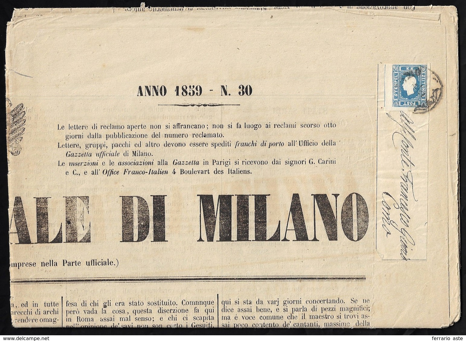 1859 - 1,05 S. Azzurro (8), Sfiorato A Destra, Su Giornale Completo "Gazzetta Ufficiale Di Milano" U... - Lombardo-Venetien