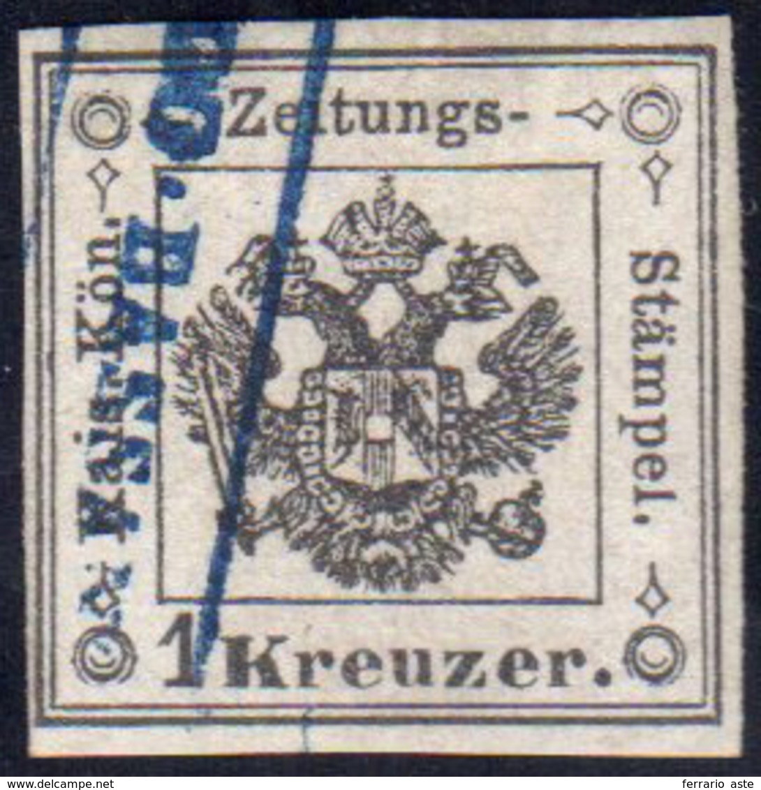 1859 - 1 Kr. Nero (2), Perfetto, Usato A Bassano Con L'annullo Azzurro In Cartella "I.R.Dog.Bassano"... - Lombardo-Vénétie