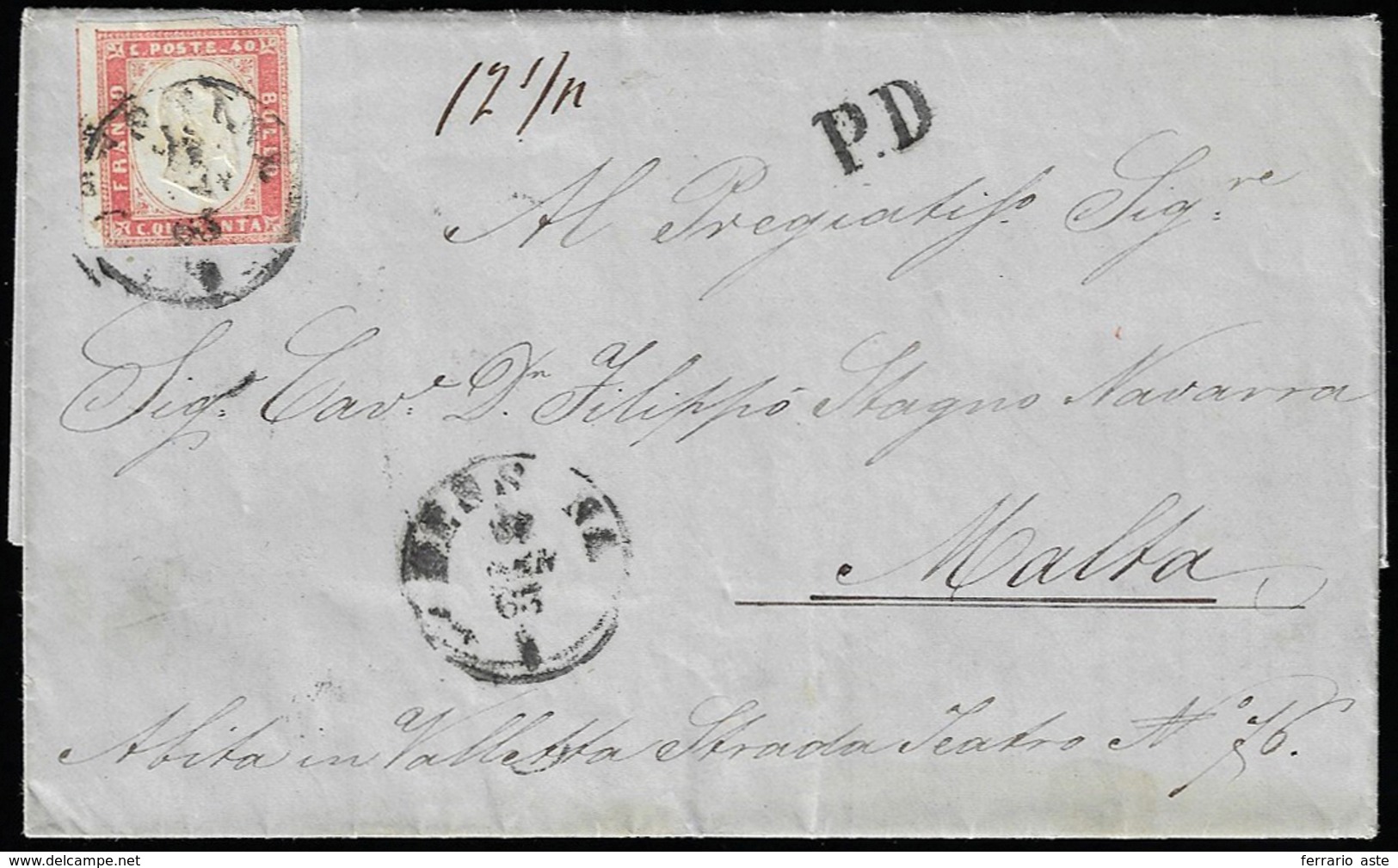 1863 - 40 Cent. Rosa Carminio (16E), Ottimo Stato, Su Lettera Da Messina 31/1/1863 A Malta. Infreque... - Sardegna