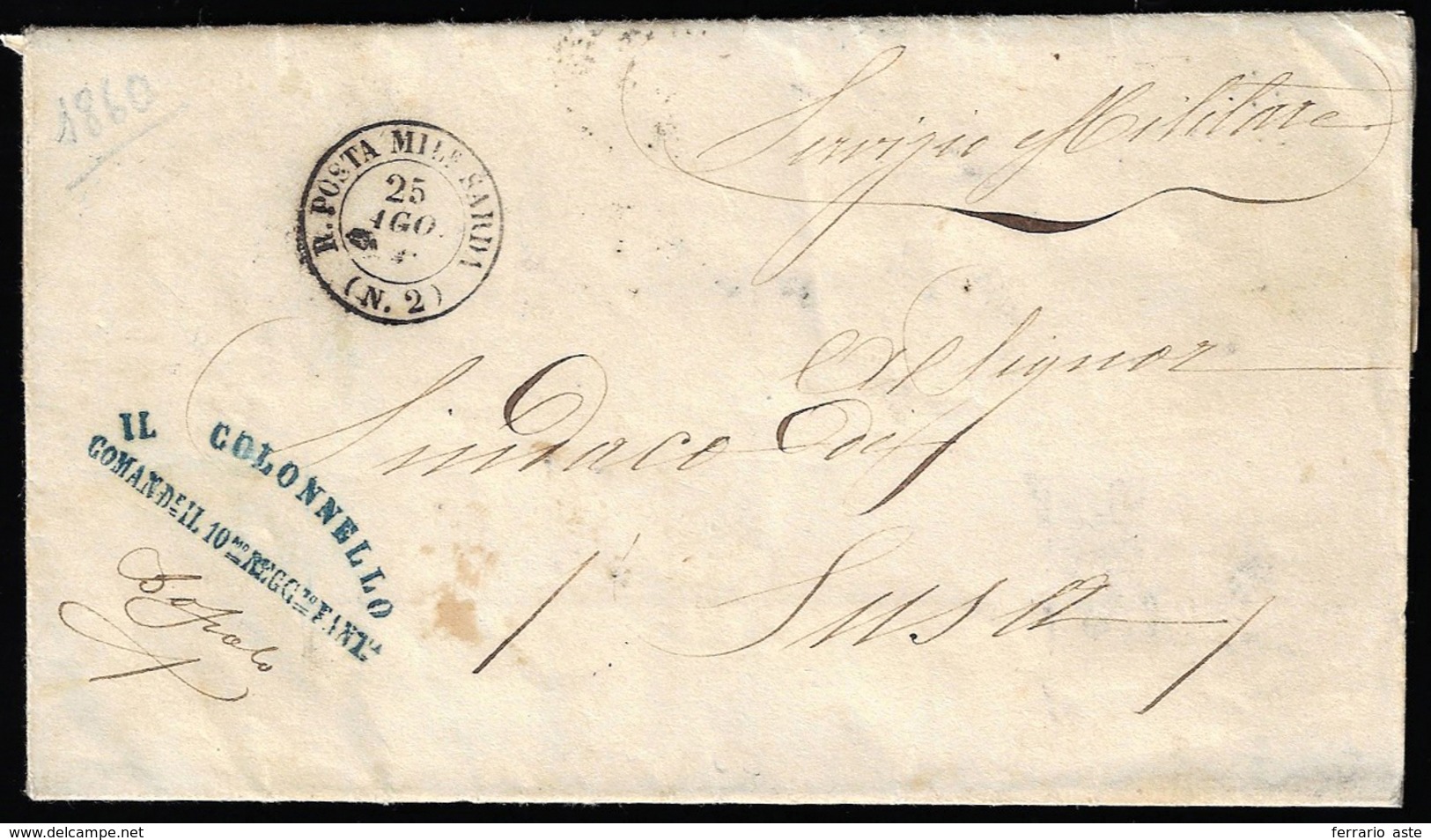 1860 - Lettera In Franchigia Della R. Posta Militare Sarda N. 2  25/8/1860 A Susa.... - Sardinia