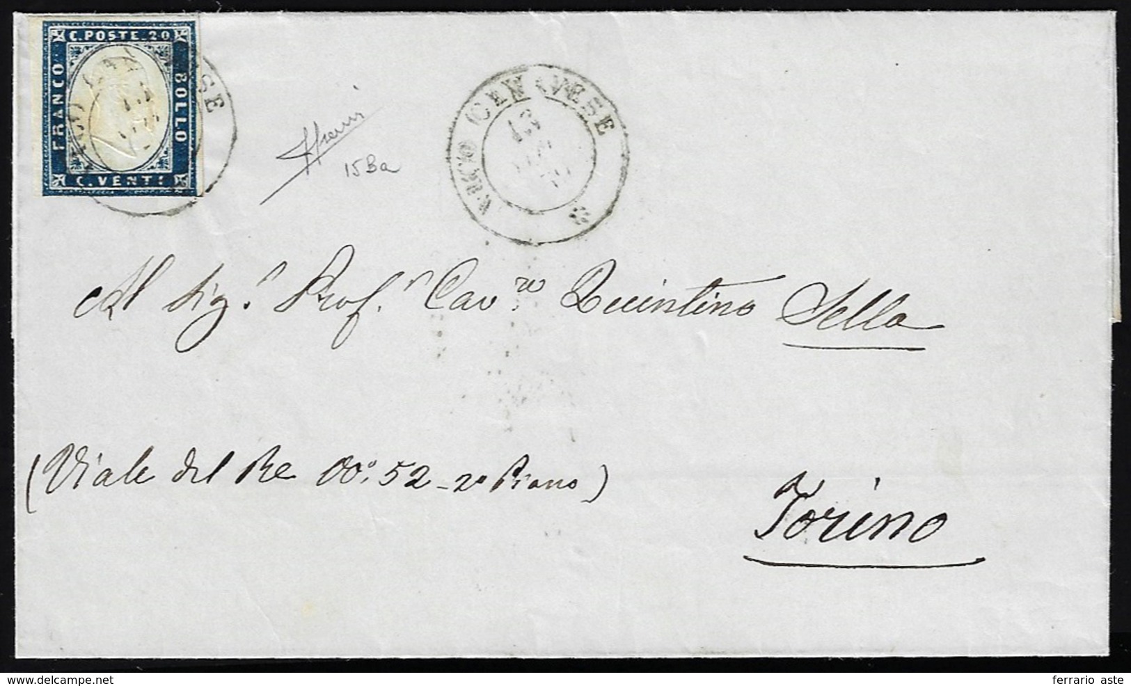 VICO CANAVESE, Punti 7 - 20 Cent. (15Ba), Giusto In Basso, Su Sovracoperta Di Lettera Del 13/11/1859... - Sardaigne