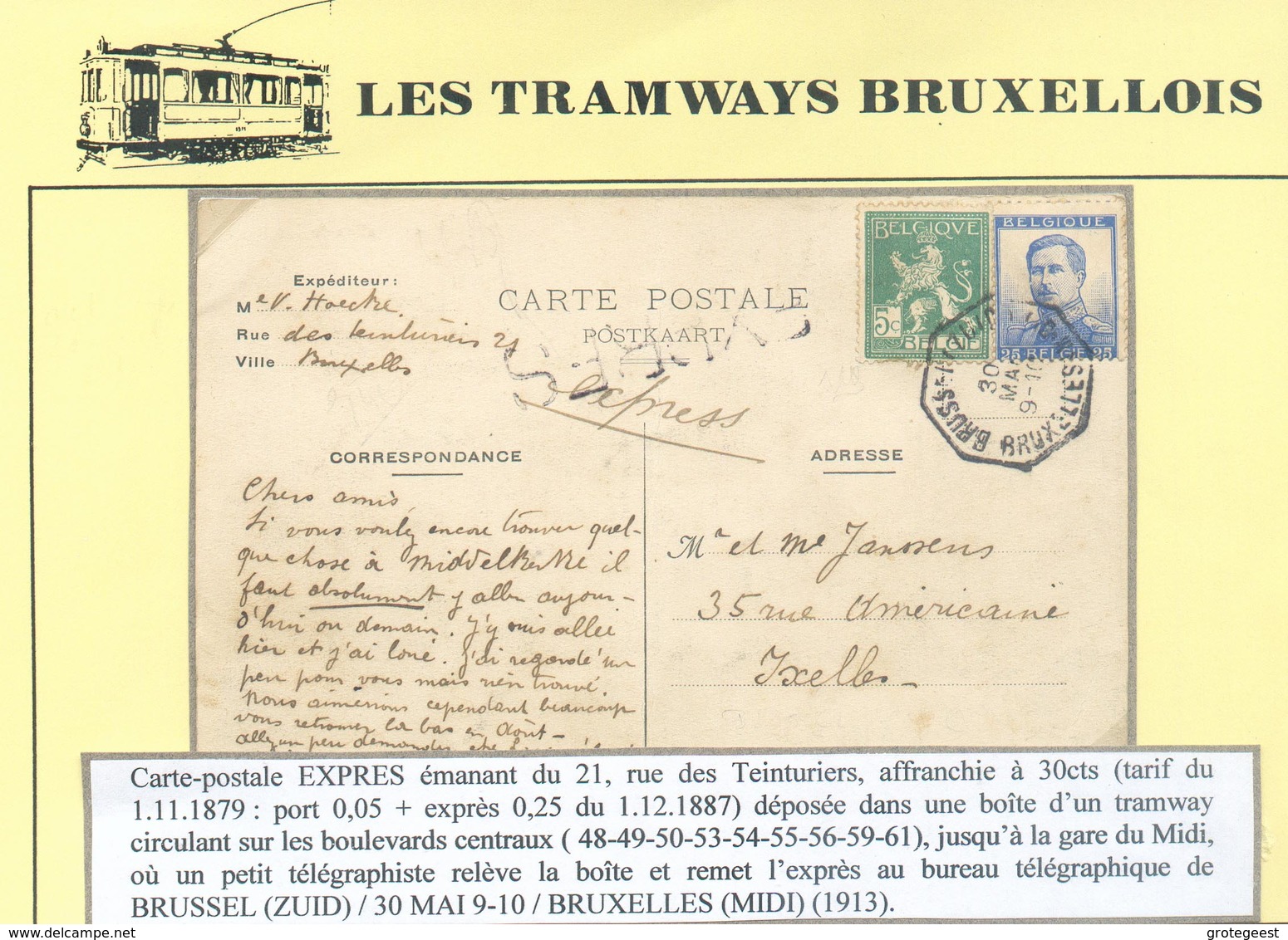 TRAM Ex-Coll. J. DE BAST C.P. Expédiée De La Rue De La Place De Champagne (près De La Pl. Annessens (Bruxelles-Centre)) - 1912 Pellens