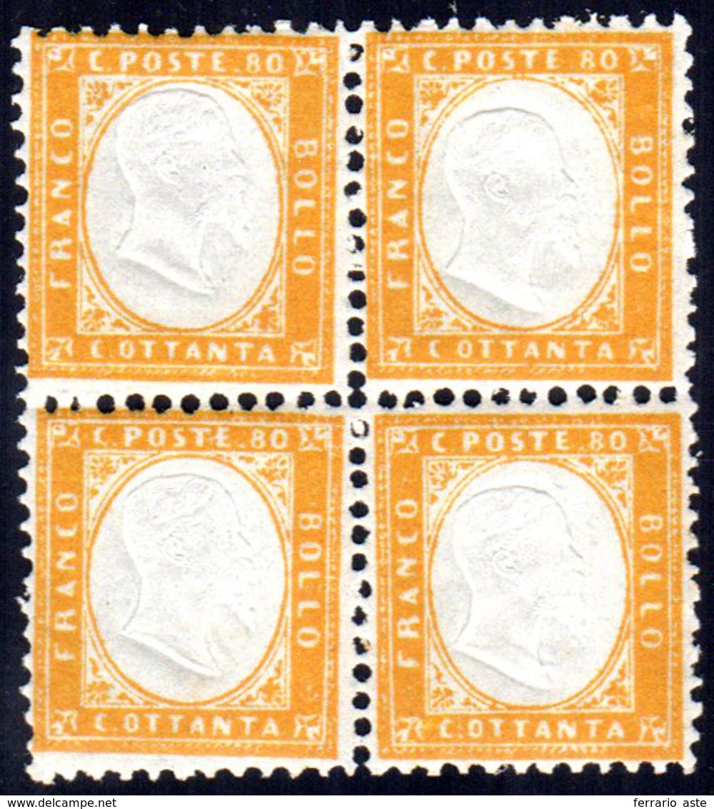 1862 - 80 Cent. Giallo Arancio (4), Blocco Di Quattro, Gomma Integra, Perfetto. Bello!... - Otros & Sin Clasificación