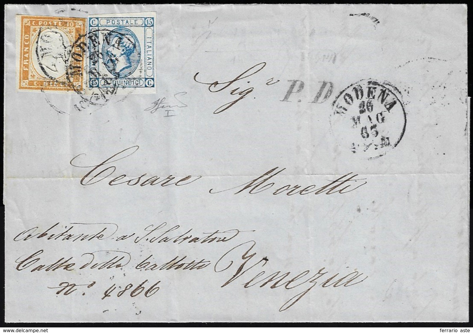 1863 - 15 Cent. Litografico, I Tipo (12), In Affrancatura Mista Con 10 Cent. IV Emissione Di Sardegn... - Otros & Sin Clasificación