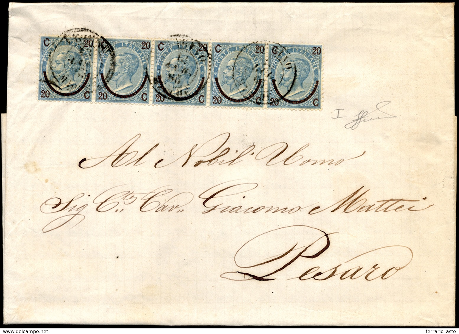 1865 - 20 Cent. Su 15 Cent. Ferro Di Cavallo, I Tipo (23), Striscia Di Cinque, Perfetta, Su Lettera ... - Otros & Sin Clasificación